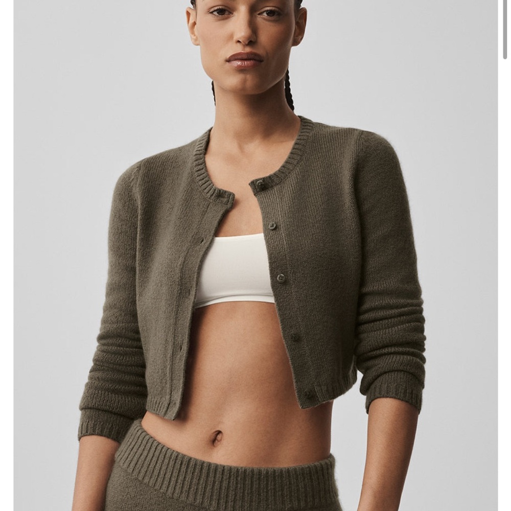 NWT ALO Yoga Olive Green Wool Cashmere Cropped Button-Front Cardigan